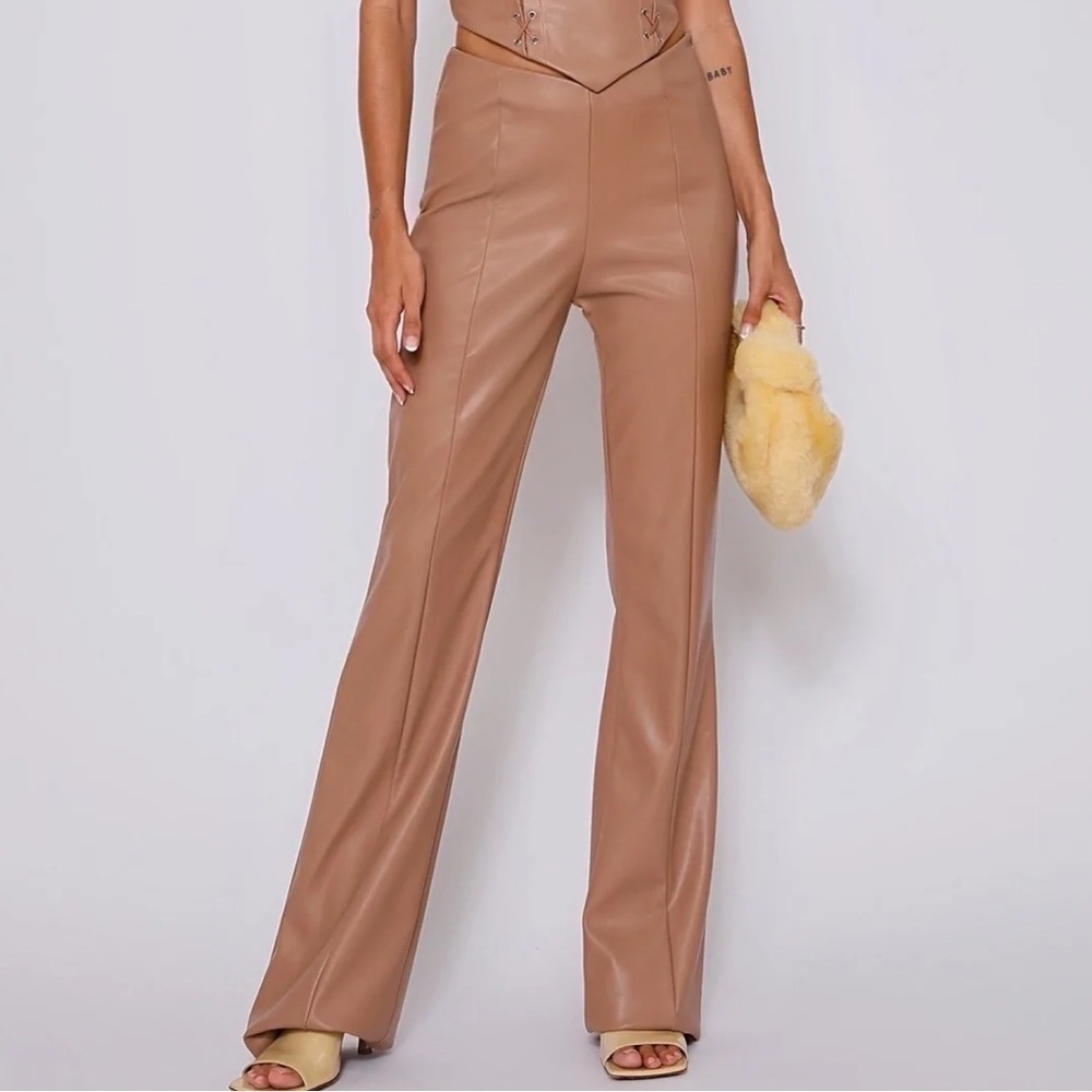 NEW! Tigermist- Marina Tan Mid Rise Slight Flare PU Faux Leather Pants NWT